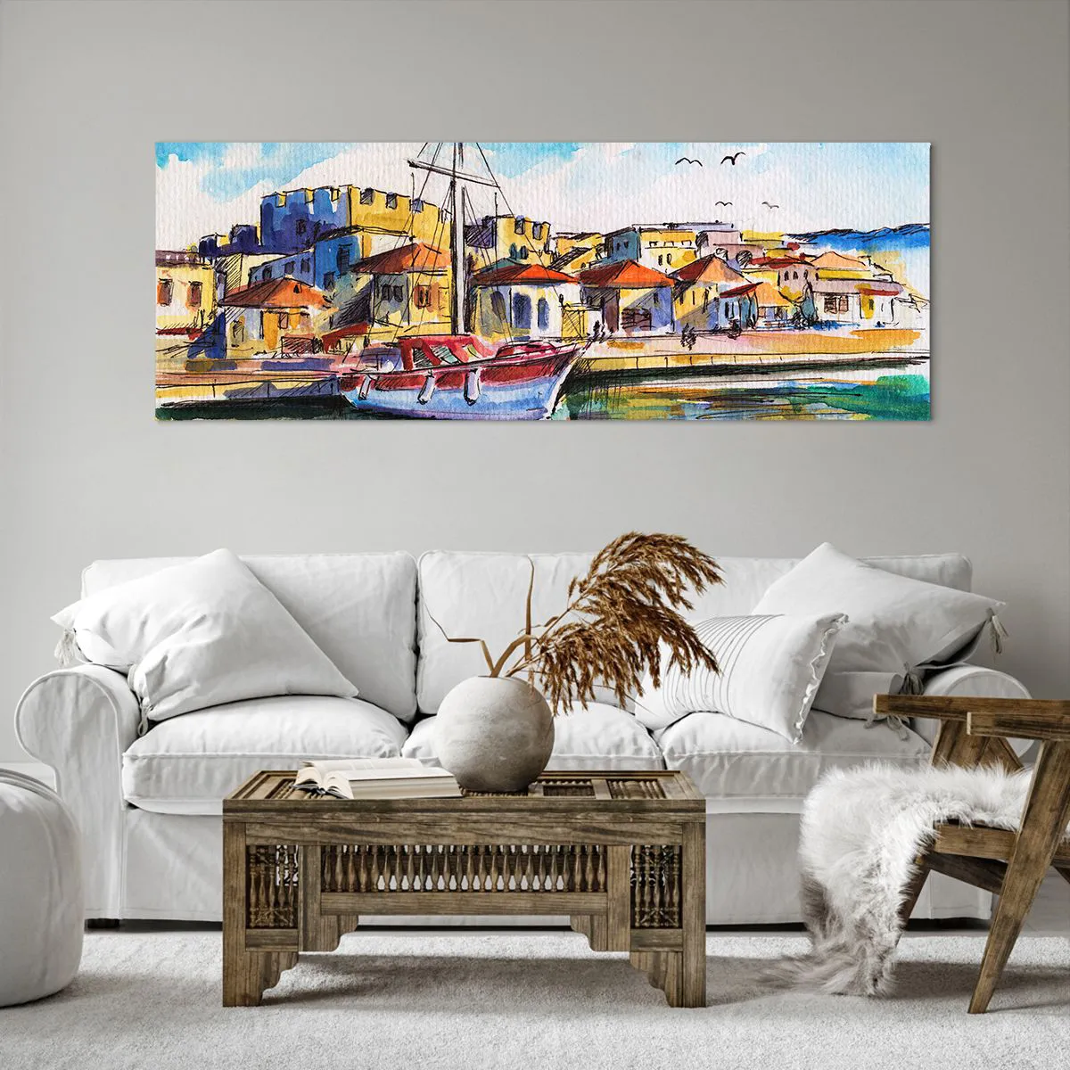 Impression sur toile - Image sur toile - Un port pittoresque avec un bateau et des bâtiments colorés - 140x50cm - Après-midi arc-en-ciel - Décoration murale moderne pour le salon et la chambre ARTTOR