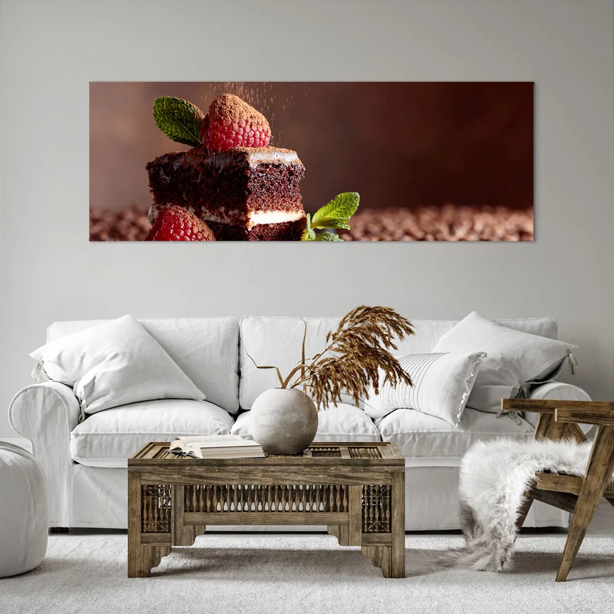 Impression sur toile - Image sur toile - Gâteau au chocolat aux framboises et à la menthe sur fond de fèves de cacao - 140x50cm - La vie est douce - Décoration murale moderne pour le salon et la chambre ARTTOR