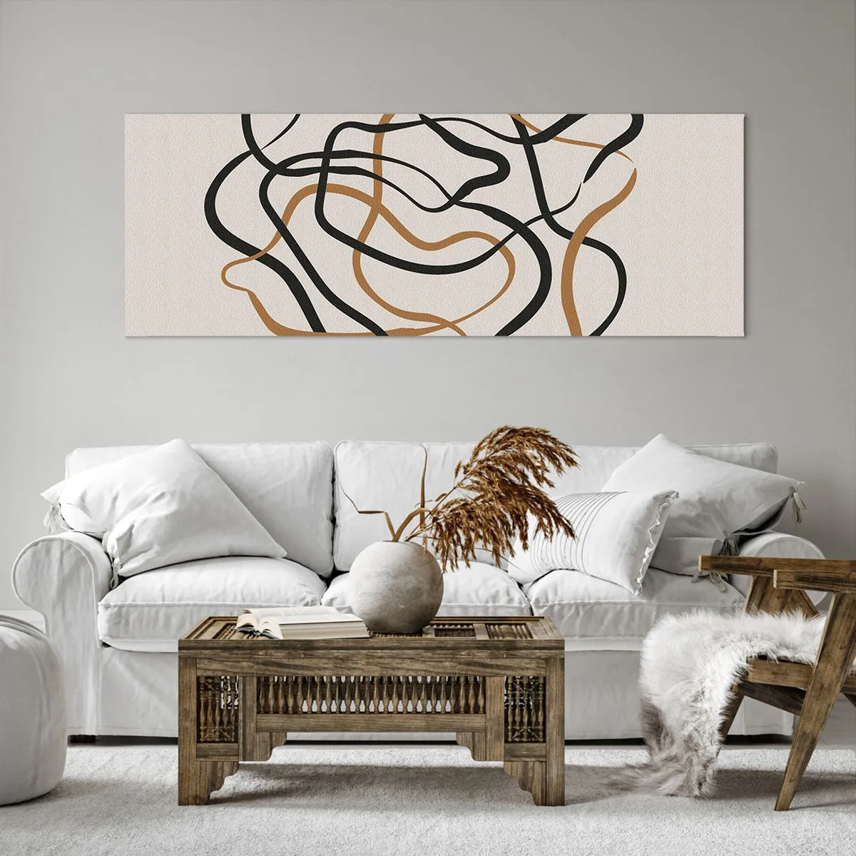 Cuadro sobre lienzo - Impresión de Imagen - Líneas enredadas en negro y dorado sobre un fondo claro. - 140x50cm - Todo ha salido mal - Decoración de pared moderna para salón y dormitorio ARTTOR