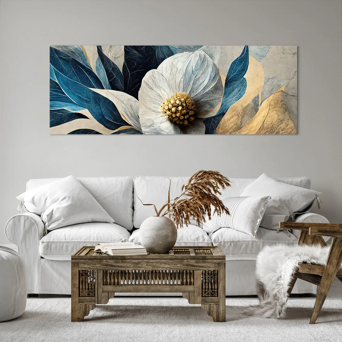 Quadro su tela - Stampe su Tela - Un fiore con foglie blu su uno sfondo elegante - 140x50cm - Ha un cuore d'oro - Decorazione murale moderna per soggiorno e camera da letto ARTTOR