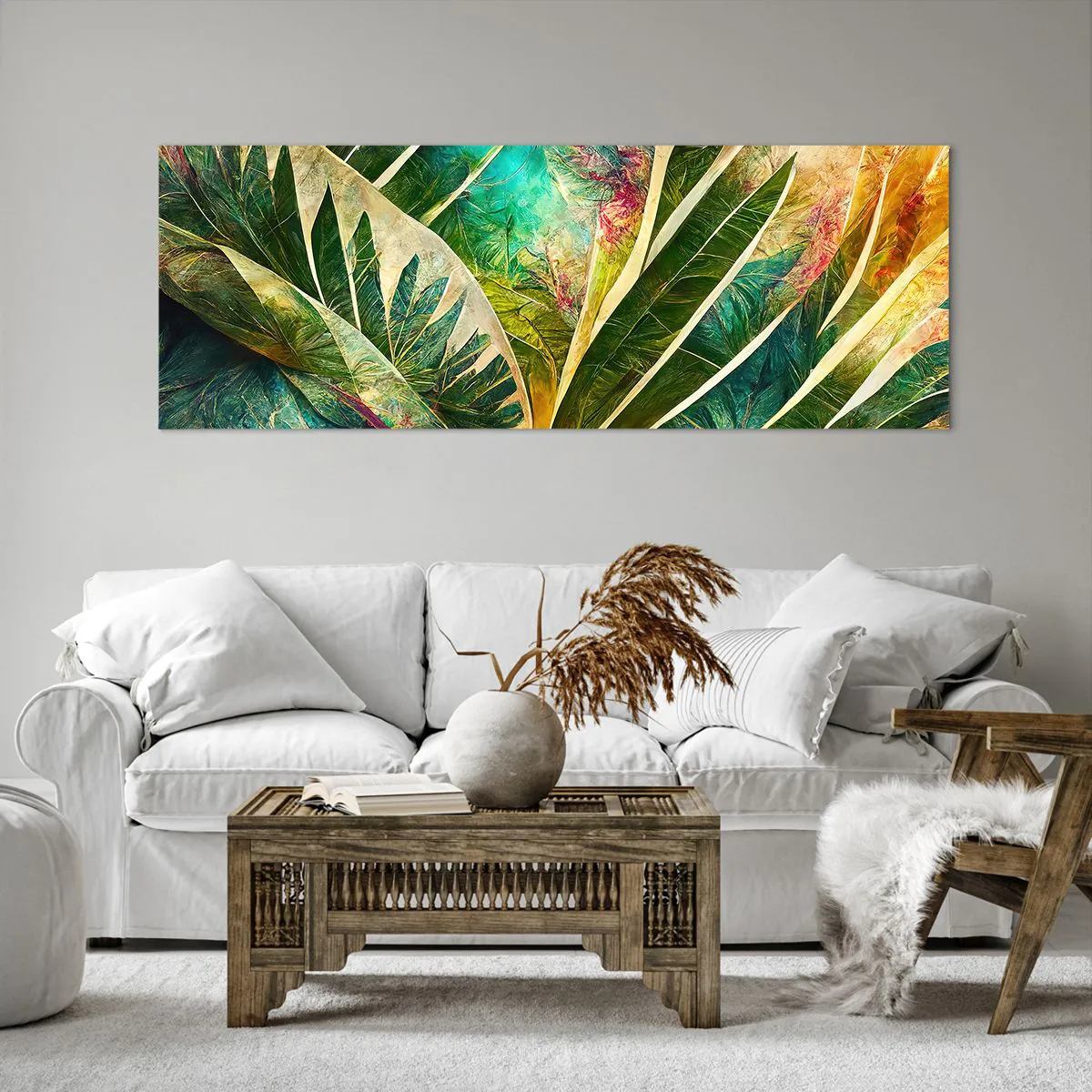 Cuadro sobre lienzo - Impresión de Imagen - Hojas tropicales coloridas sobre un fondo claro - 140x50cm - Los colores del trópico - Decoración de pared moderna para salón y dormitorio ARTTOR