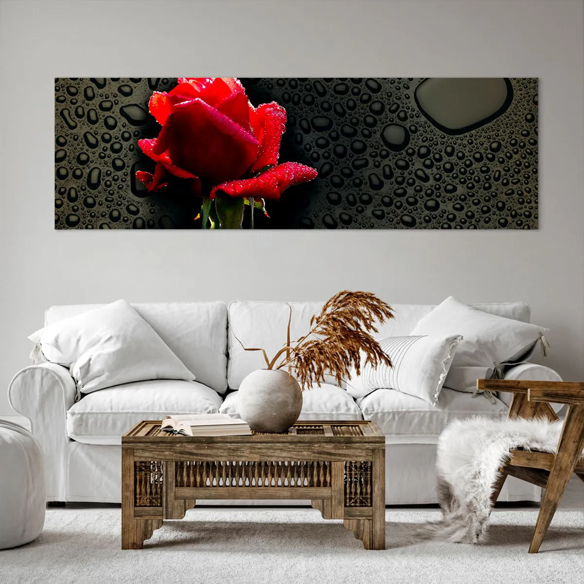 Impression sur toile - Image sur toile - Rose rouge avec des gouttes d'eau sur un fond sombre - 160x50cm - Rouge et noir - Décoration murale moderne pour le salon et la chambre ARTTOR