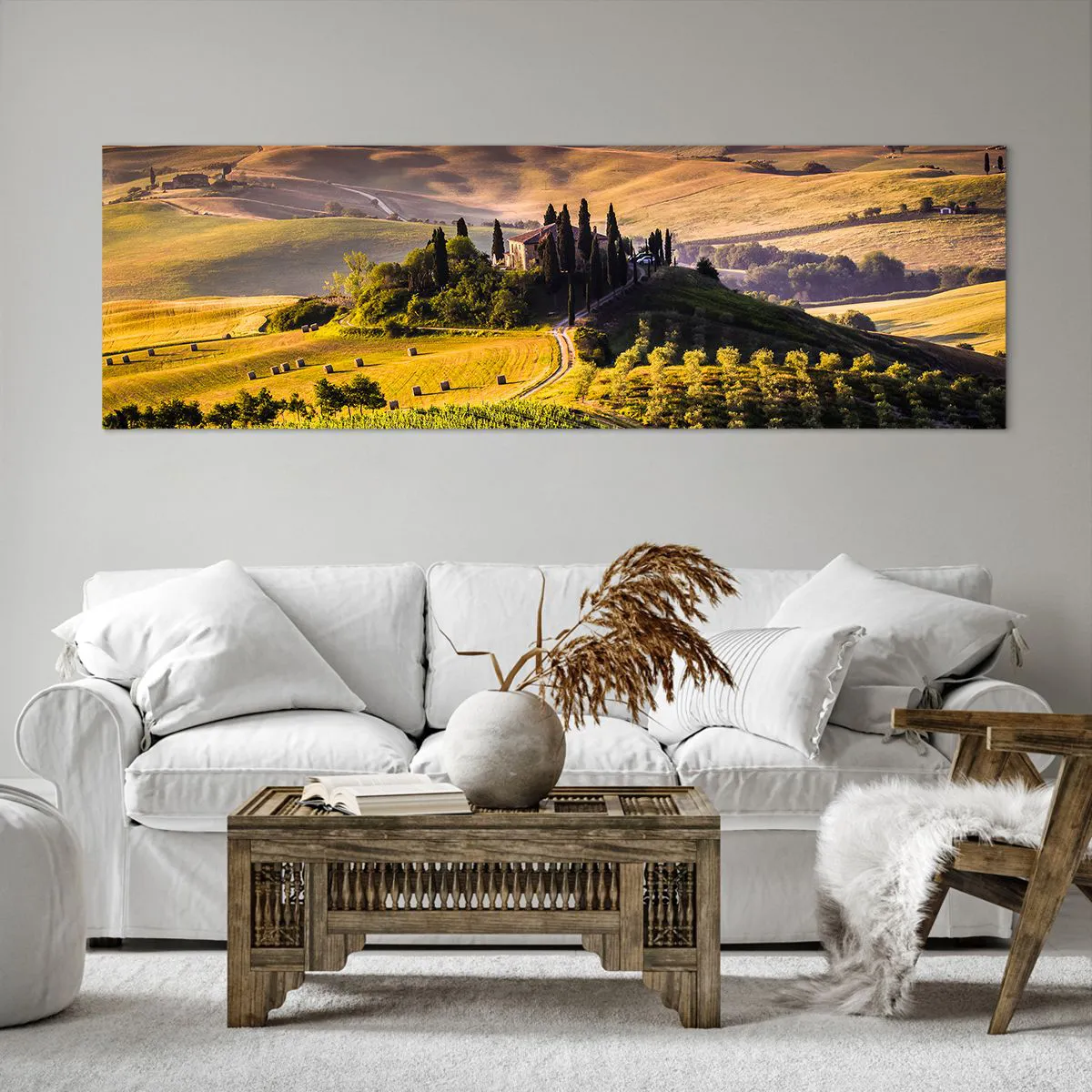 Cuadro sobre lienzo - Impresión de Imagen - Paisaje toscano con viñedos y una casa en una colina. - 160x50cm - Paisaje toscano - Decoración de pared moderna para salón y dormitorio ARTTOR