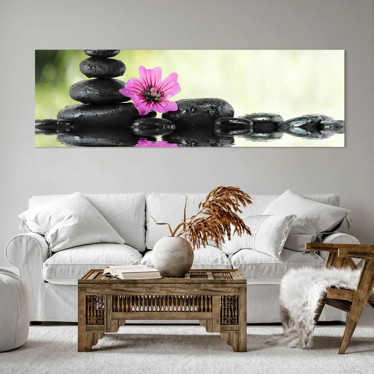 Cuadro sobre lienzo - Impresión de Imagen - Piedras zen y una flor rosa reflejada en el agua. - 160x50cm - Tiempo para el alma - Decoración de pared moderna para salón y dormitorio ARTTOR