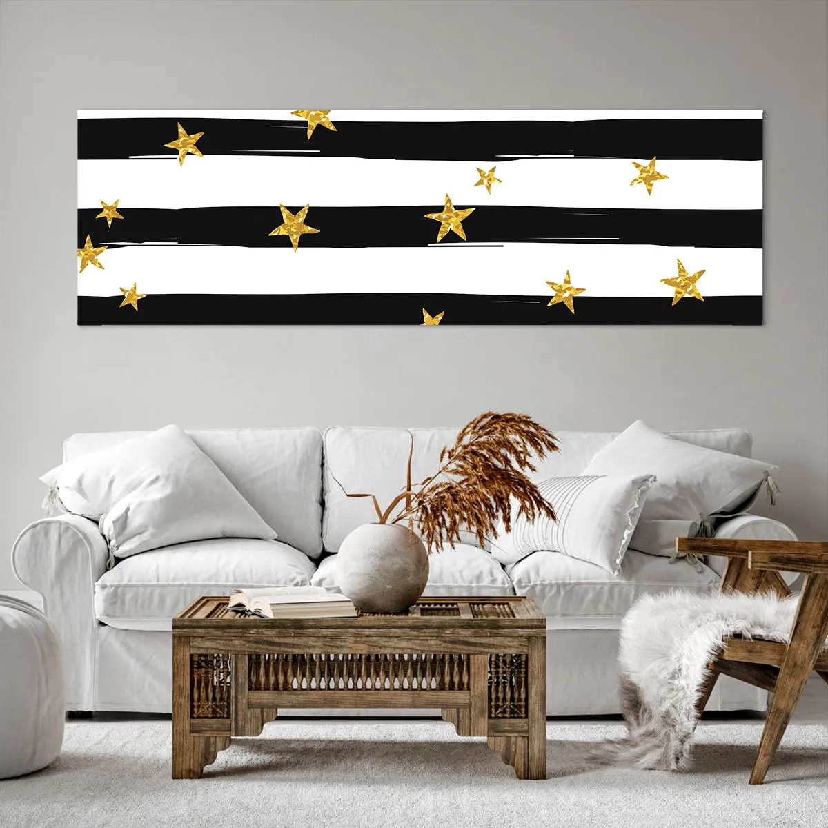 Bild auf Leinwand - Leinwandbild - Schwarz-weiße Streifen mit goldenen Sternen - 160x50cm - Wir wurden alle unter einem glücklichen Stern geboren - Moderne Wanddekoration für Wohnzimmer und Schlafzimmer ARTTOR