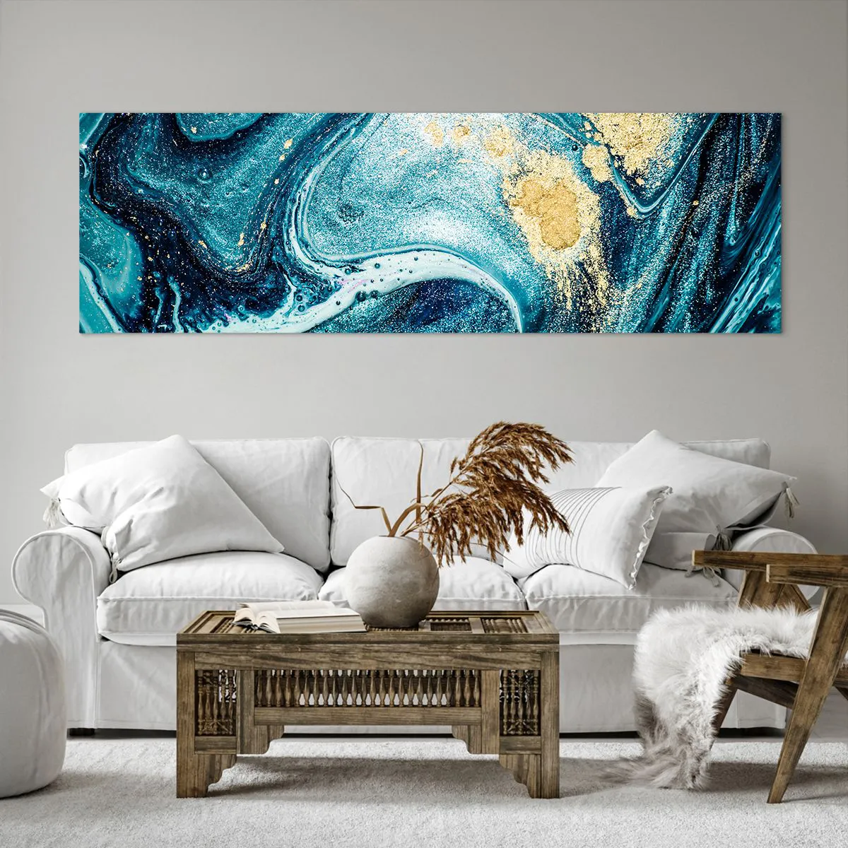 Bild auf Leinwand - Leinwandbild - Eine abstrakte Komposition aus Wellen und goldenen Akzenten - 160x50cm - Blauer Wirbel - Moderne Wanddekoration für Wohnzimmer und Schlafzimmer ARTTOR