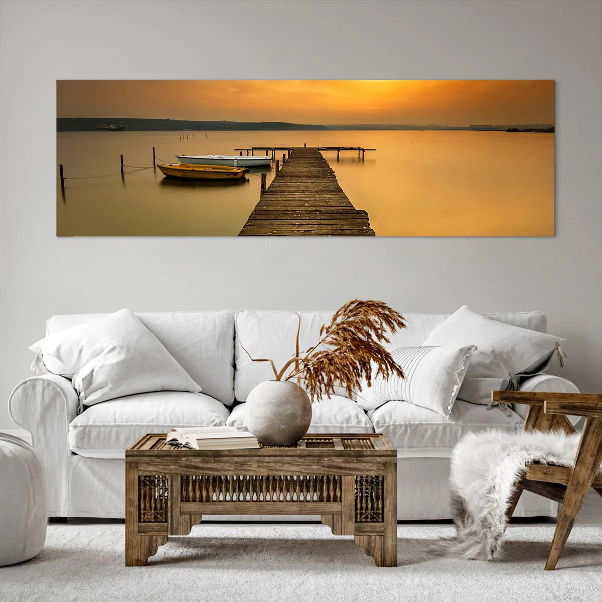 Quadro su tela - Stampe su Tela - Pontile in legno e barche sul lago al tramonto - 160x50cm - Ti apro il cielo dorato - Decorazione murale moderna per soggiorno e camera da letto ARTTOR