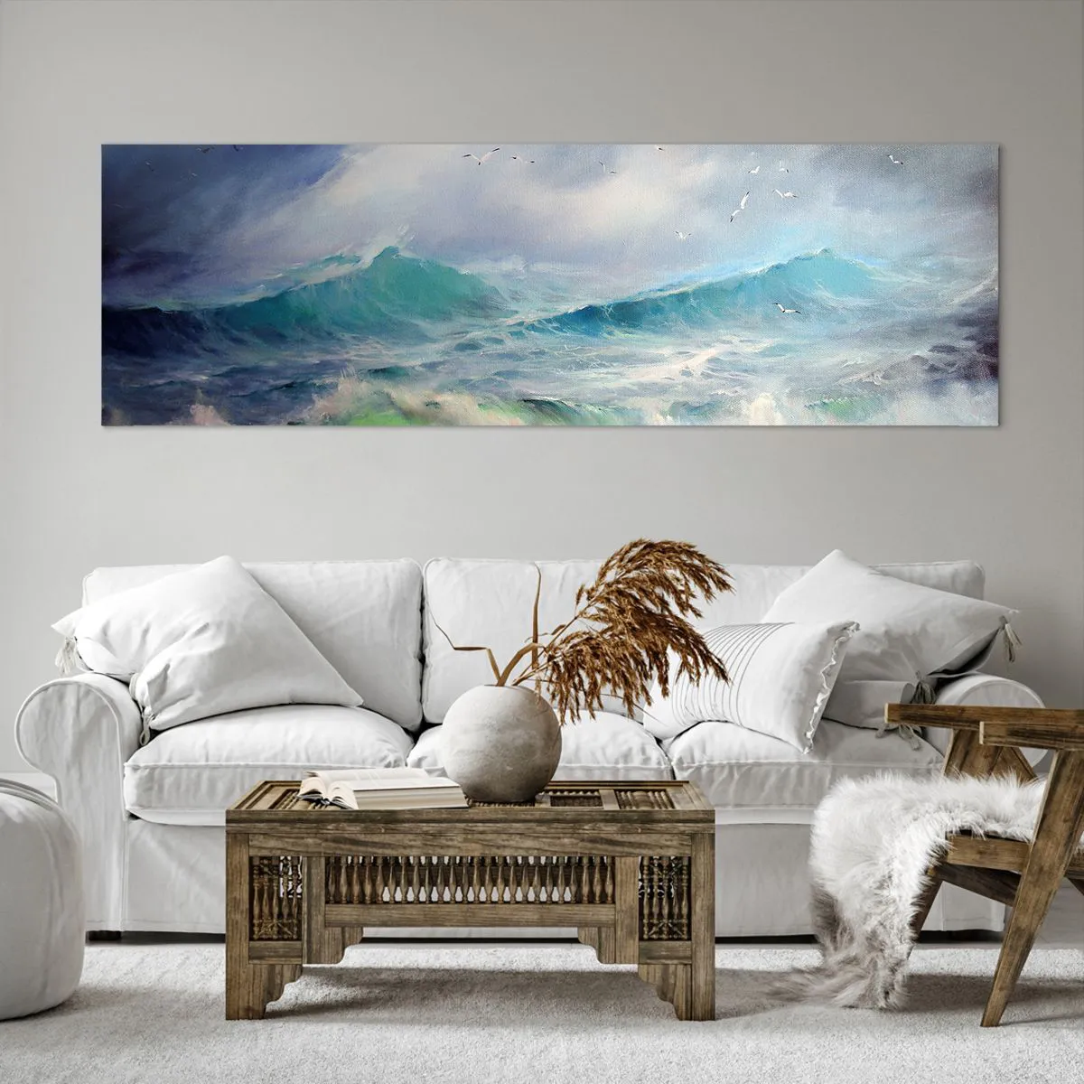 Impression sur toile - Image sur toile - De grosses vagues sur l'océan - 160x50cm - "Le tourbillon hurlait de triomphe..." - Décoration murale moderne pour le salon et la chambre ARTTOR