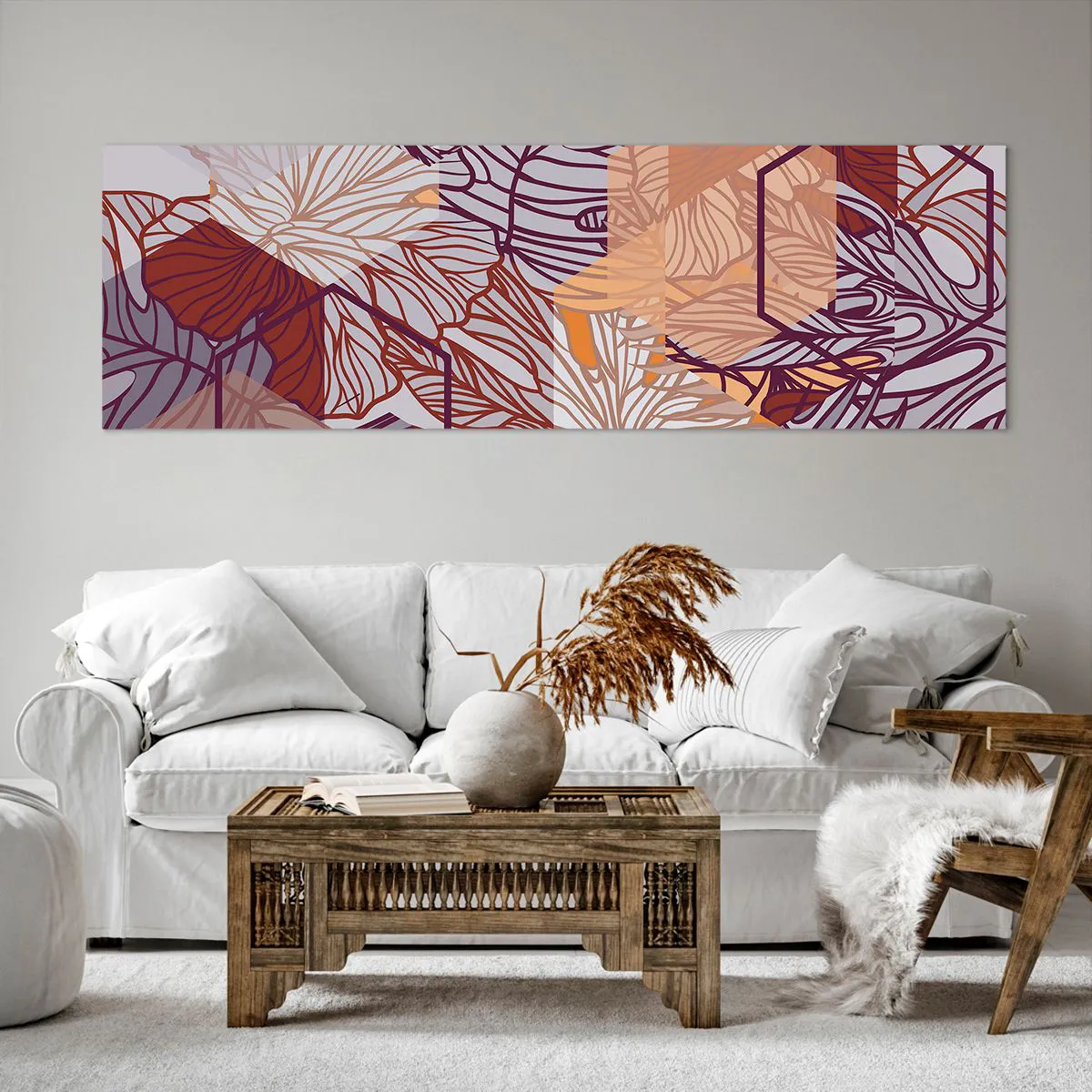 Quadro su tela - Stampe su Tela - Un motivo decorativo a foglie tropicali nelle tonalità del viola, dell'arancione e del beige. - 160x50cm - Legame impossibile di geometria e natura - Decorazione murale moderna per soggiorno e camera da letto ARTTOR