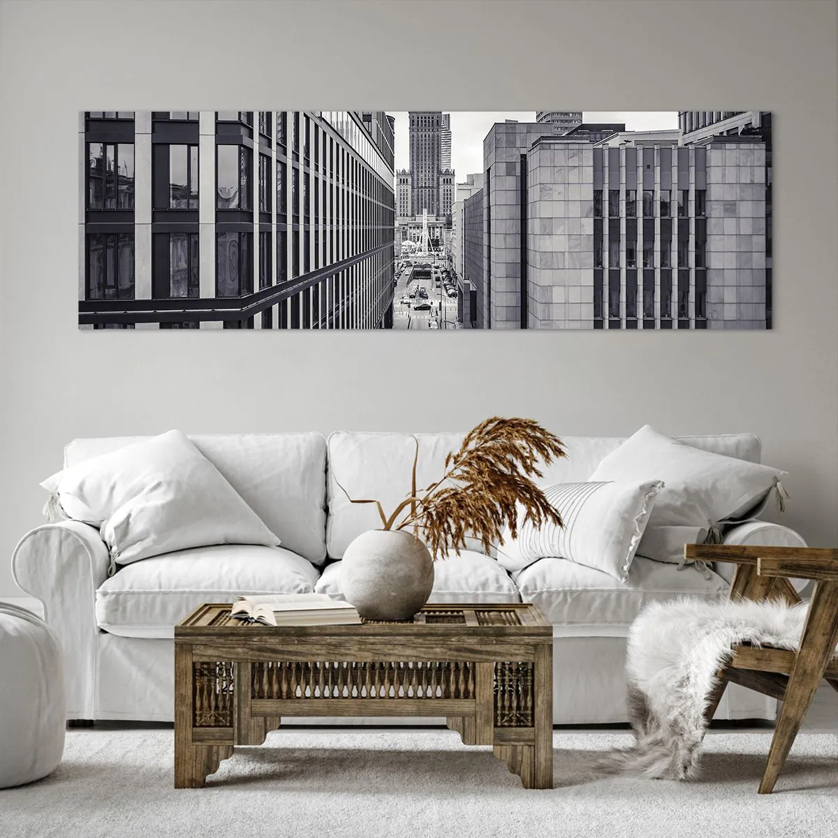 Obraz na płótnie - Panorama Warszawy z widokiem na Pałac Kultury i otaczające budynki - 160x50cm - Warszawska dolina - Nowoczesna dekoracja ścienna do salonu i sypialni ARTTOR