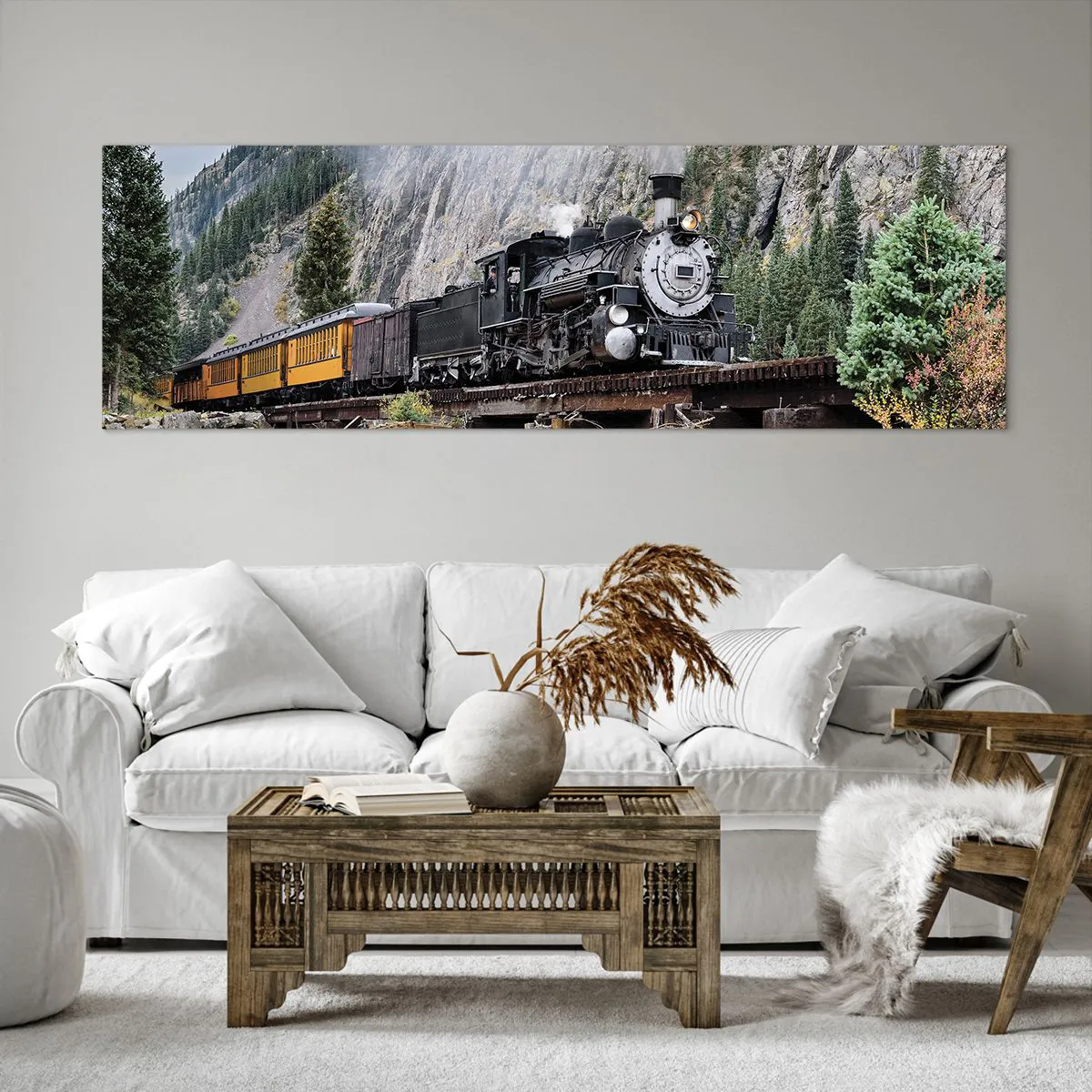 Obraz na płótnie - Parowóz na moście w malowniczym górskim krajobrazie - 160x50cm - A dokąd to? Dokąd? - Nowoczesna dekoracja ścienna do salonu i sypialni ARTTOR