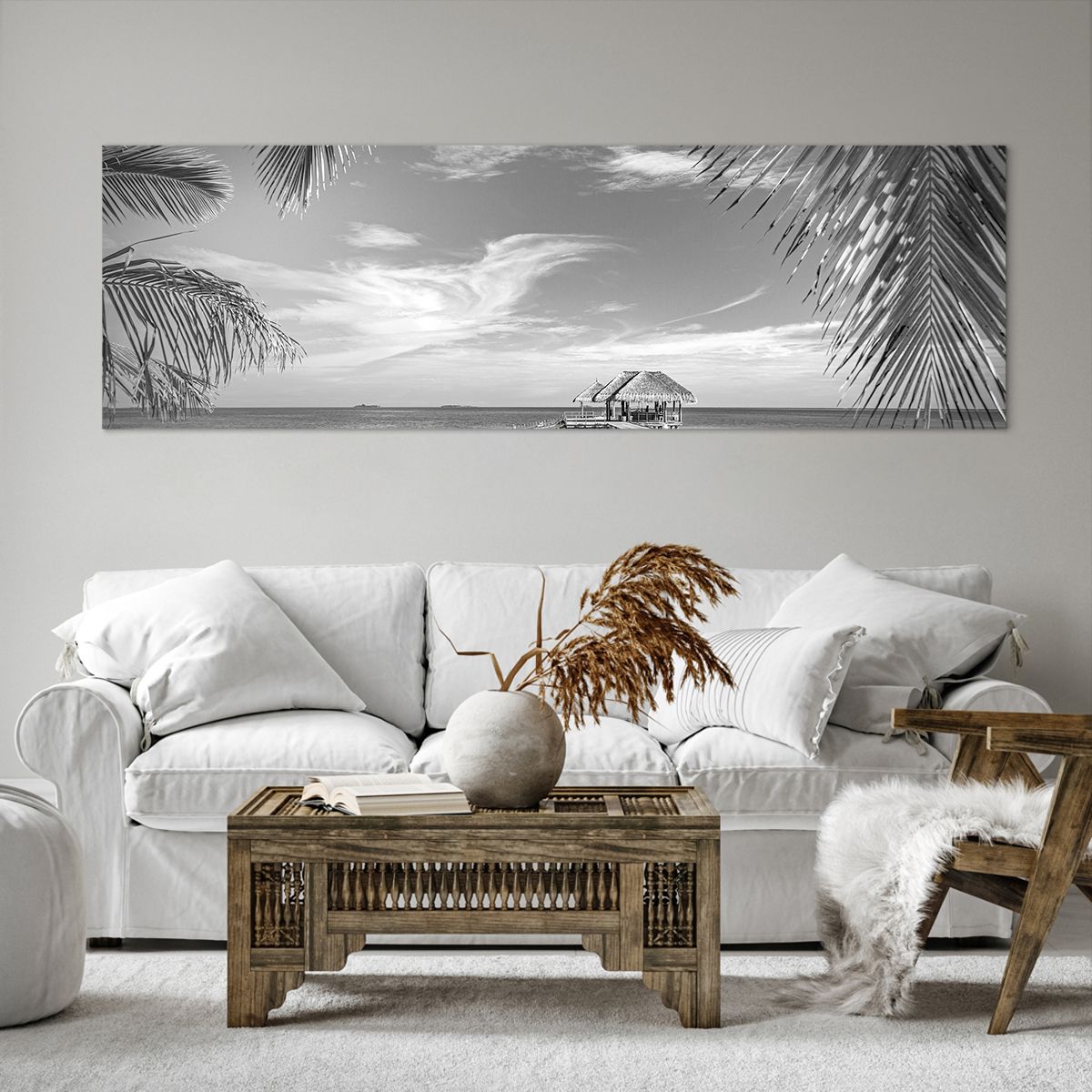 Bild auf Leinwand Meereslandschaft, Bild auf Leinwand Strand, Bild auf Leinwand Holzsteg, Bild auf Leinwand Kokusnuss-Palme, Bild auf Leinwand Schwarz Und Weiß