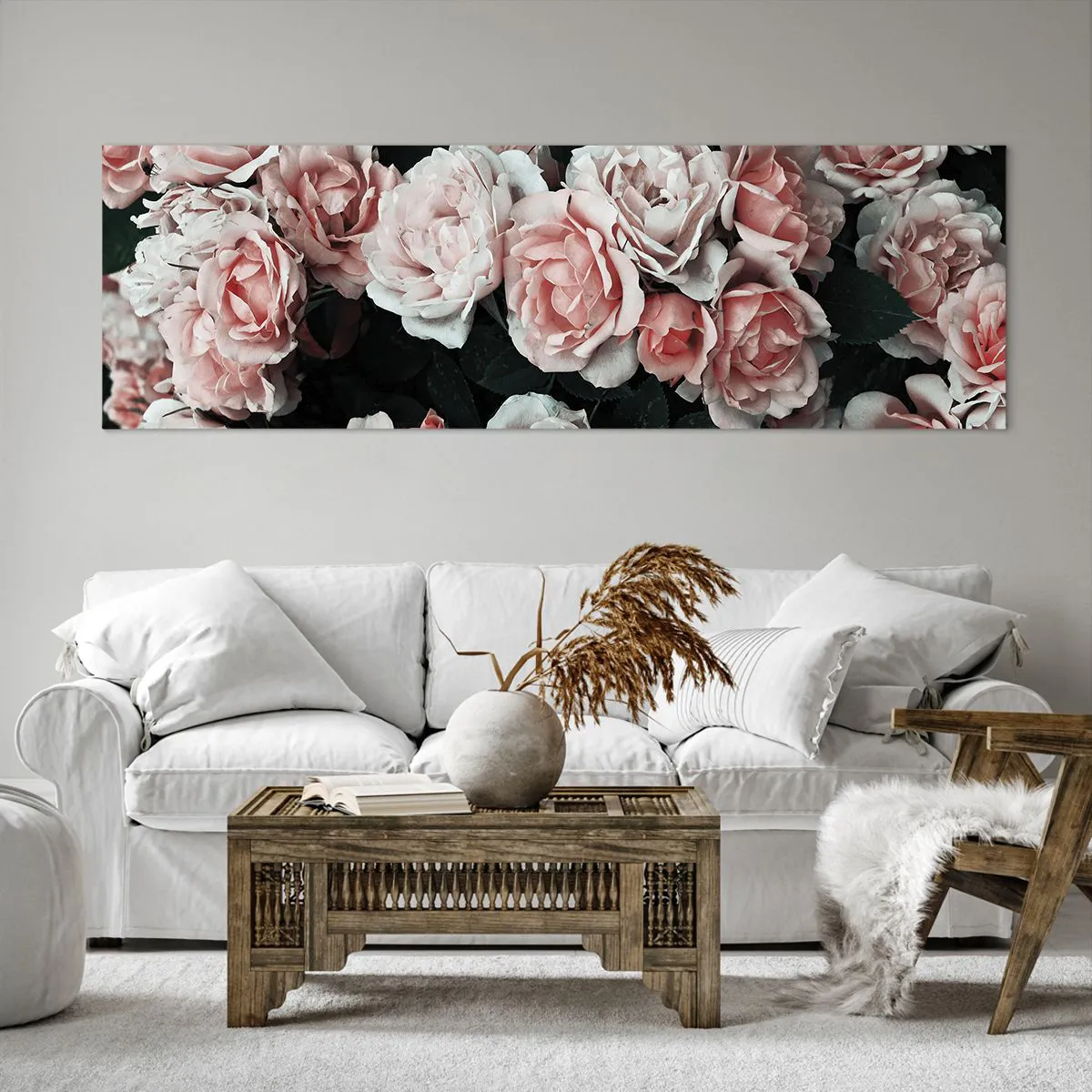 Quadro su tela - Stampe su Tela - Rose rosa su sfondo scuro in una composizione delicata - 160x50cm - Composizione di rose - Decorazione murale moderna per soggiorno e camera da letto ARTTOR