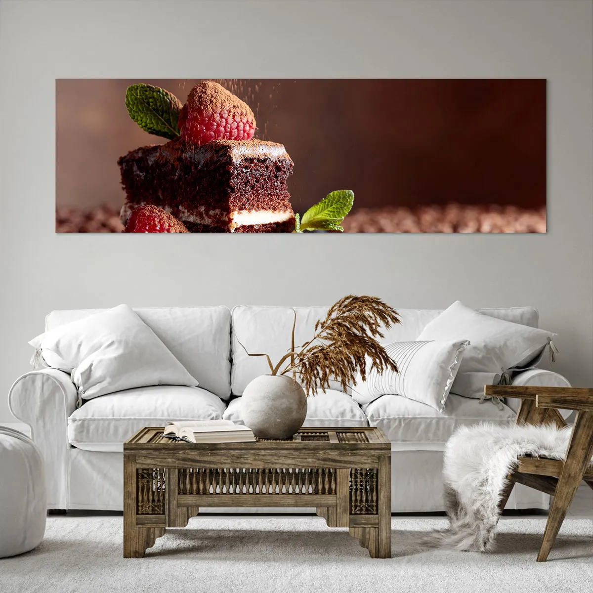 Obraz na płótnie - Czekoladowe ciasto z malinami i miętą na tle ziaren kakao - 160x50cm - Życie jest słodkie - Nowoczesna dekoracja ścienna do salonu i sypialni ARTTOR