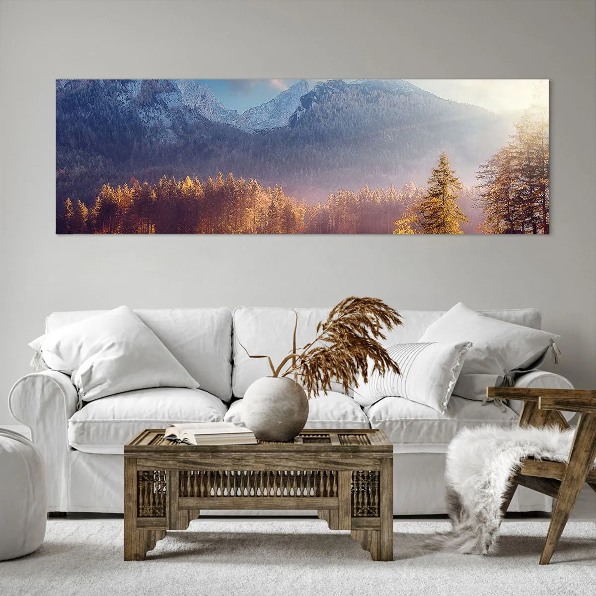 Obraz na płótnie - Malowniczy widok na górski las i jezioro o świcie - 160x50cm - W górach i dolinach - Nowoczesna dekoracja ścienna do salonu i sypialni ARTTOR