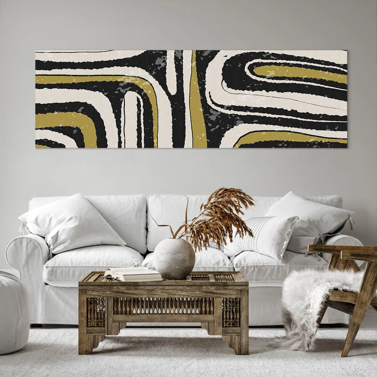 Impression sur toile - Image sur toile - Motif abstrait en noir, blanc et or - 160x50cm - Composition : routes et ruelles - Décoration murale moderne pour le salon et la chambre ARTTOR