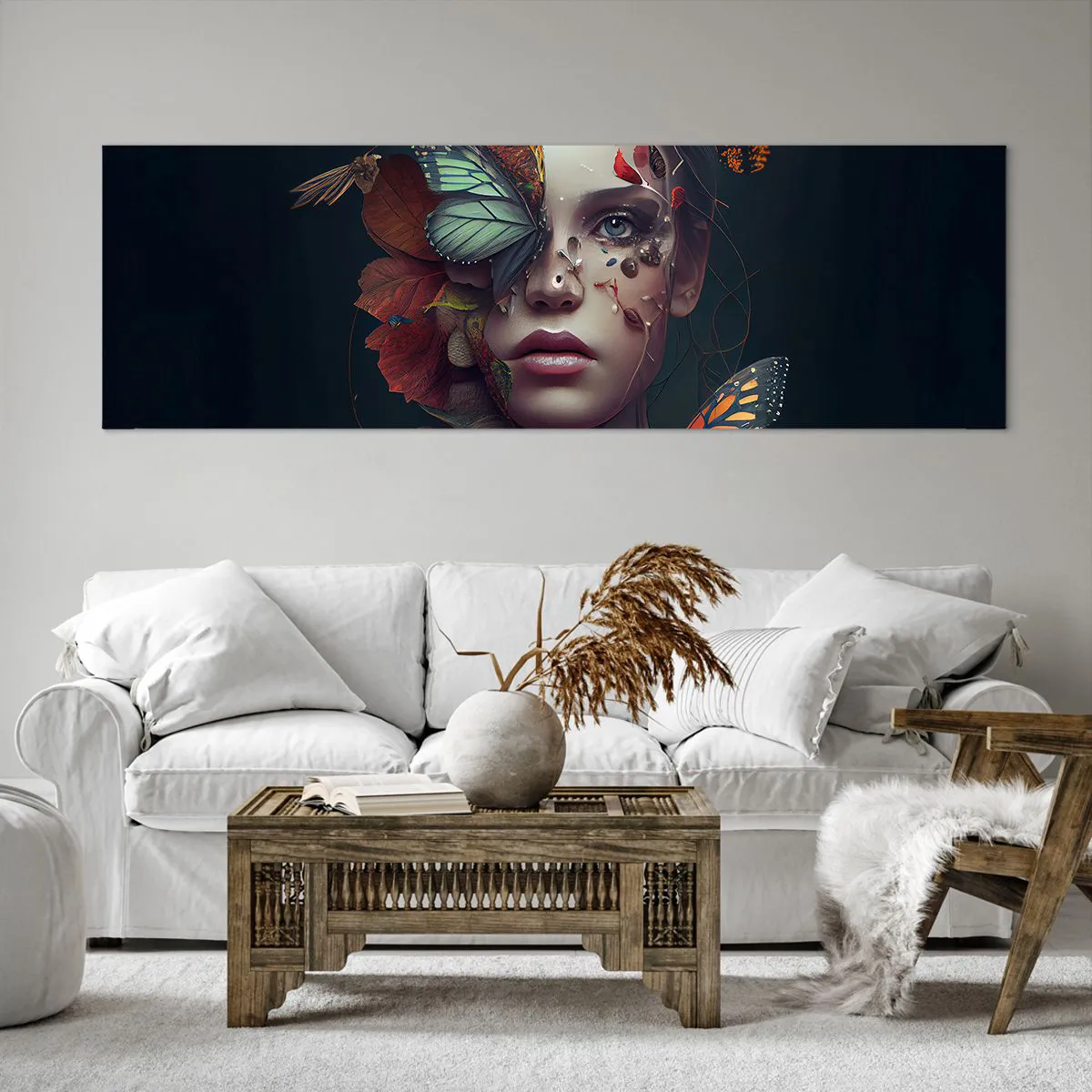 Impression sur toile - Image sur toile - Portrait d'une femme avec des papillons et des éléments végétaux - 160x50cm - Une merveilleuse métamorphose - Décoration murale moderne pour le salon et la chambre ARTTOR