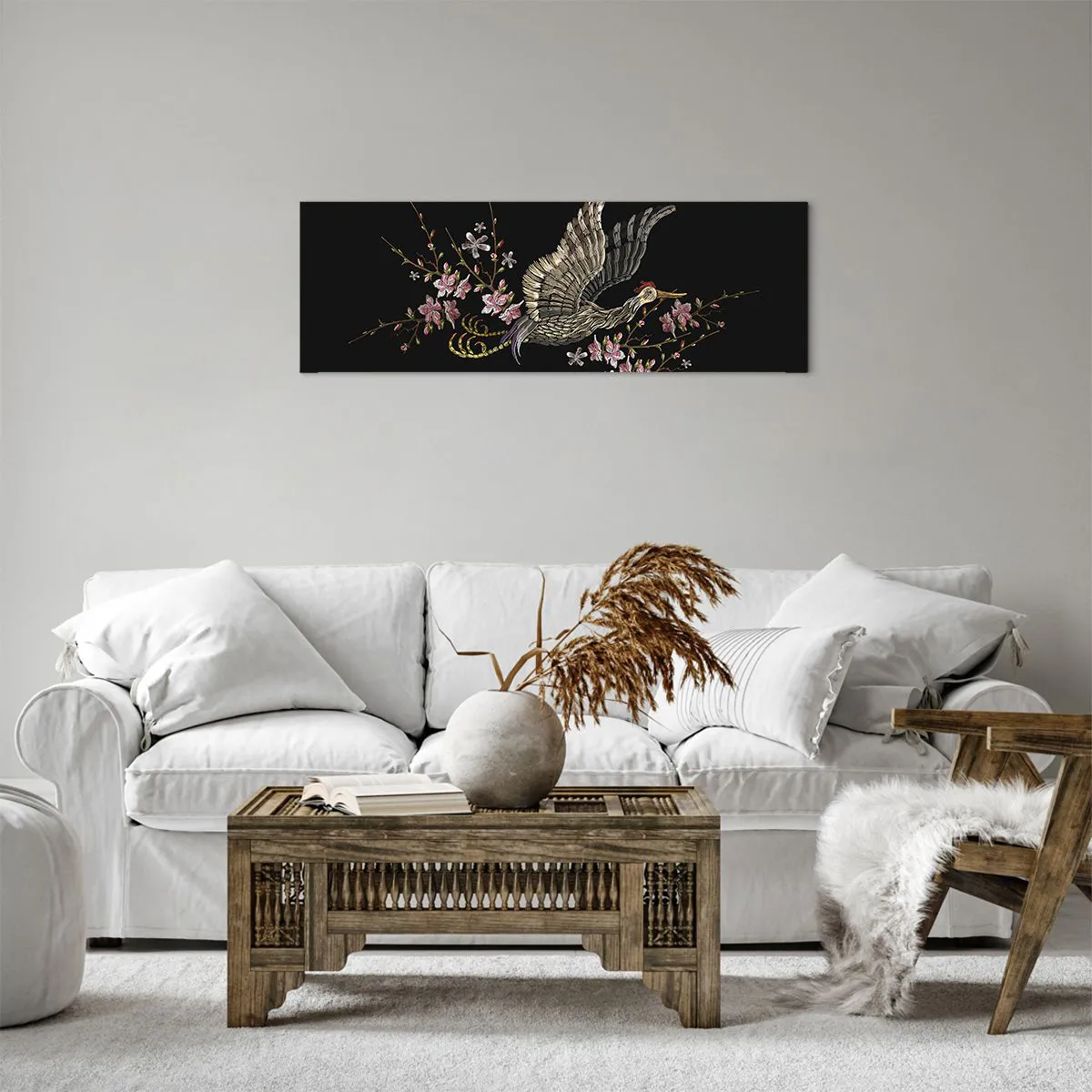 Obraz na płótnie - Egzotyczny, haftowany ptak - 90x30 cm