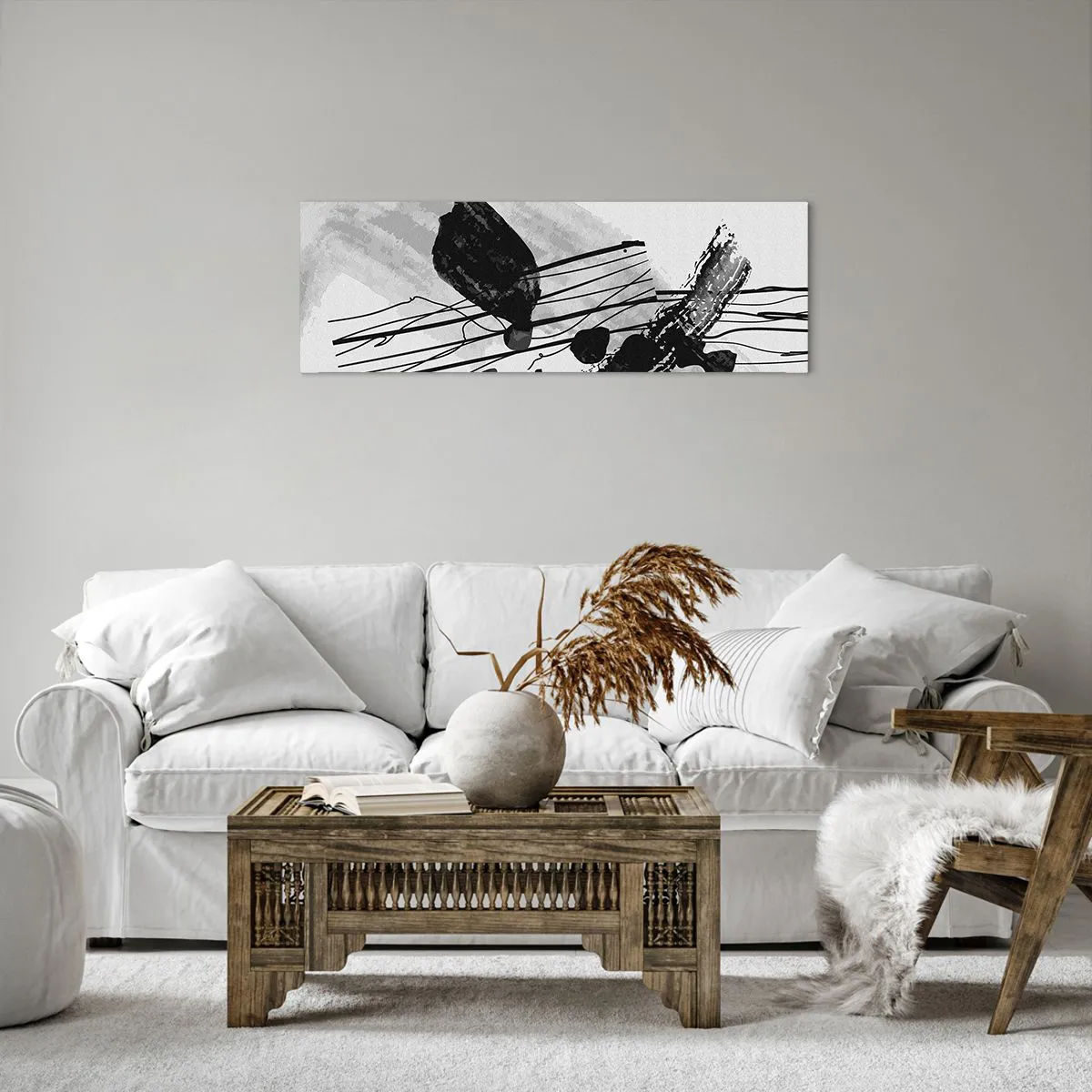 Impression sur toile - Image sur toile - Abstraction organique noir et blanc - 90x30 cm
