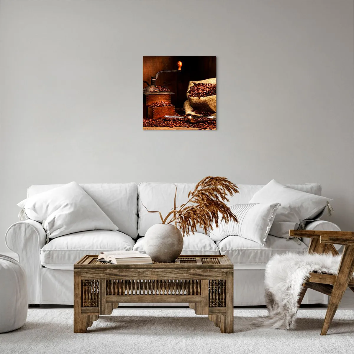 Quadro em tela - Natureza morta com grãos de café e moedor - 40x40 cm