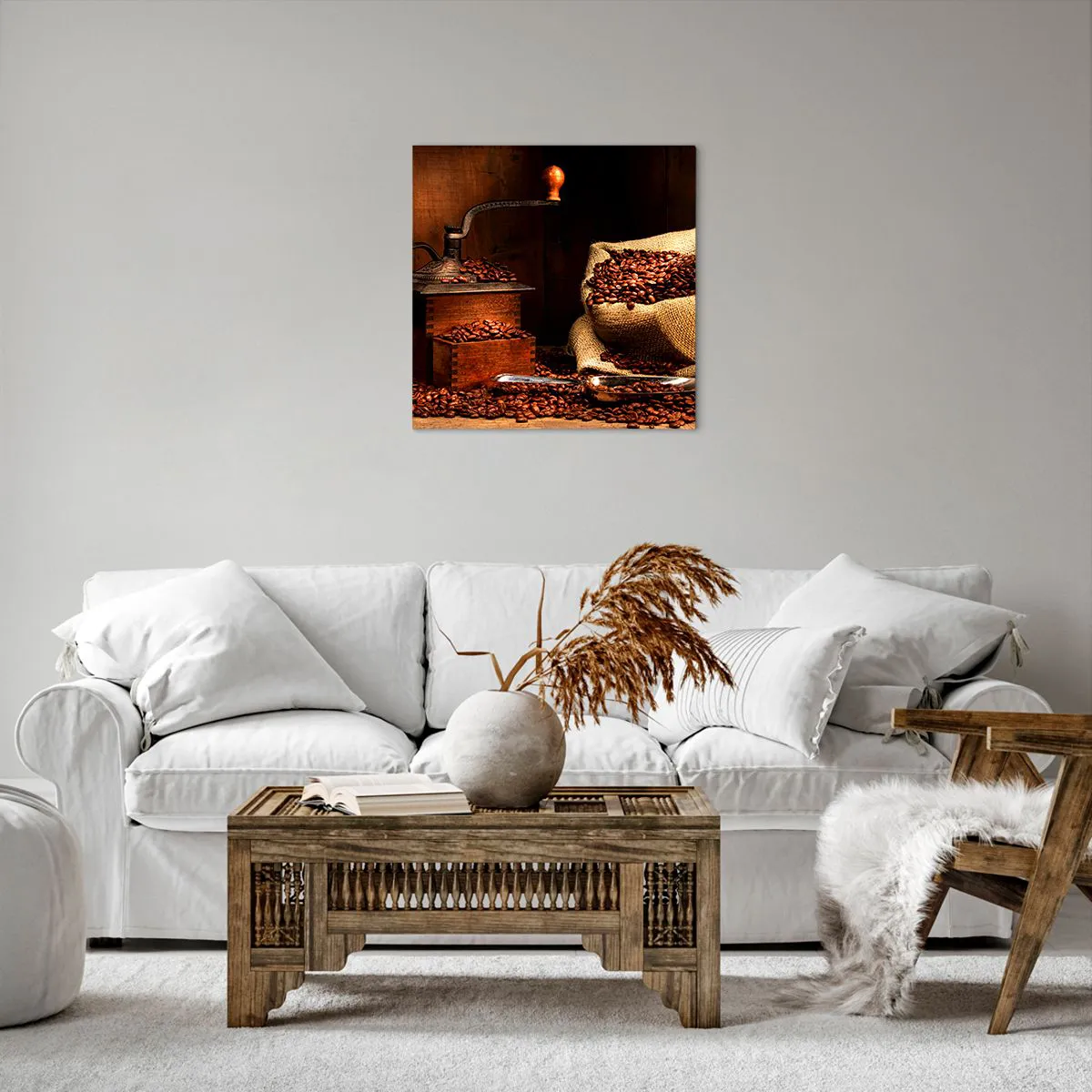 Quadro em tela - Natureza morta com grãos de café e moedor - 50x50 cm