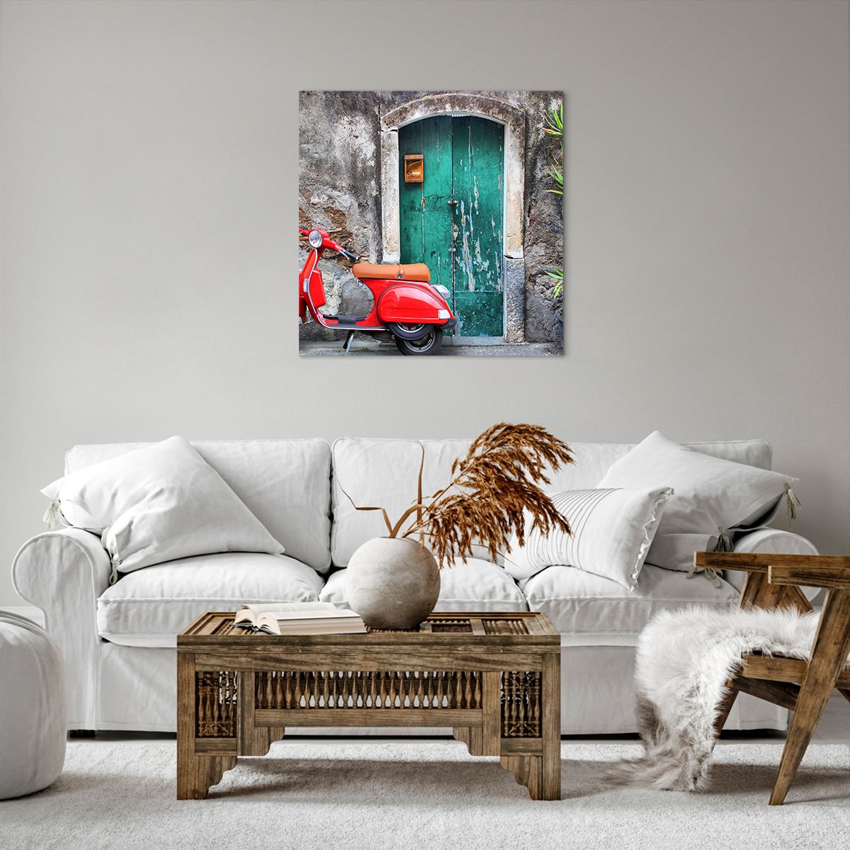 Bild auf Leinwand Automobil, Bild auf Leinwand Roller, Bild auf Leinwand Italien, Bild auf Leinwand Rotes Motorrad, Bild auf Leinwand Geheimnisvolle Tür