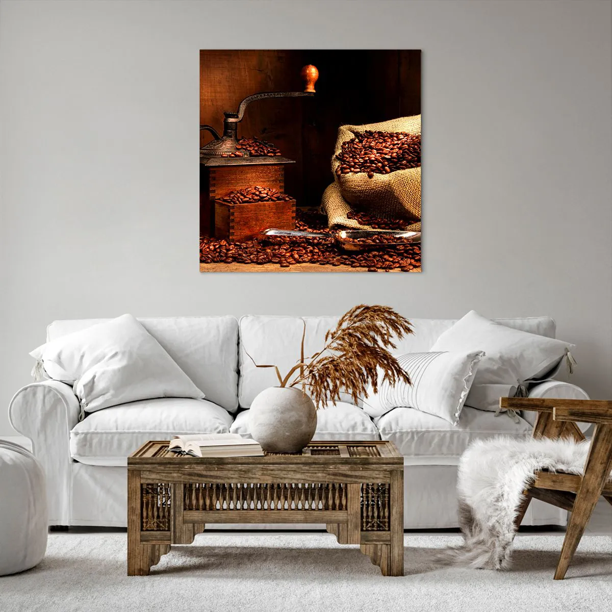 Quadro em tela - Natureza morta com grãos de café e moedor - 70x70 cm