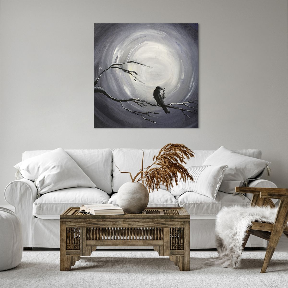 Cuadro sobre lienzo Abstracción, Cuadro sobre lienzo Cuervo, Cuadro sobre lienzo Pájaro, Cuadro sobre lienzo Luna, Cuadro sobre lienzo En Blanco Y Negro