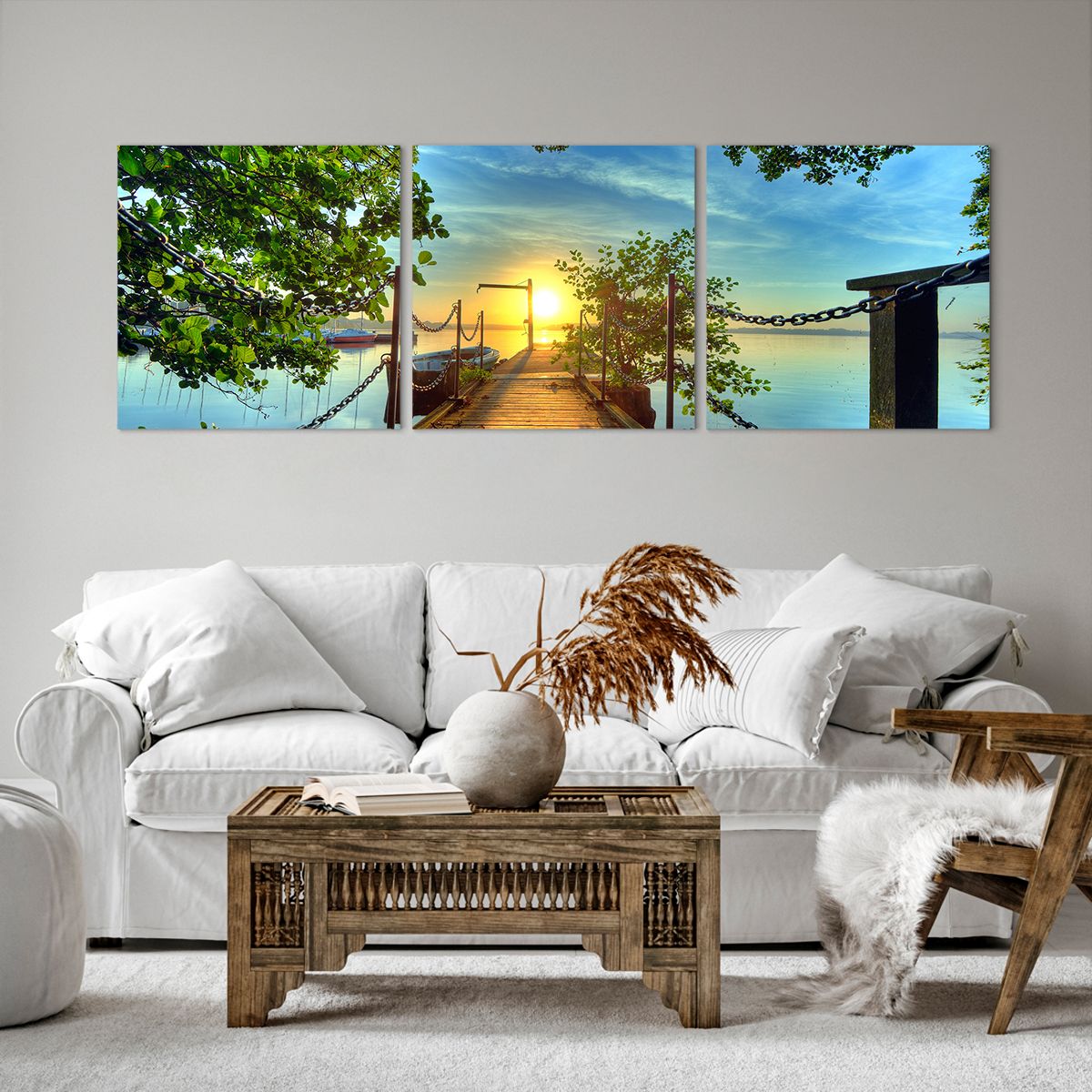Bild auf Leinwand Landschaft, Bild auf Leinwand See, Bild auf Leinwand Segelboot, Bild auf Leinwand Holzbrücke, Bild auf Leinwand Baum