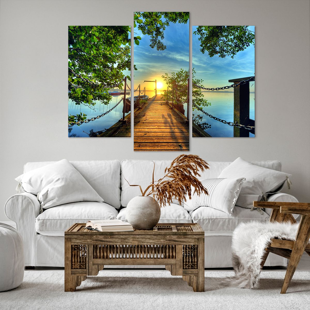 Bild auf Leinwand Landschaft, Bild auf Leinwand See, Bild auf Leinwand Segelboot, Bild auf Leinwand Holzbrücke, Bild auf Leinwand Baum
