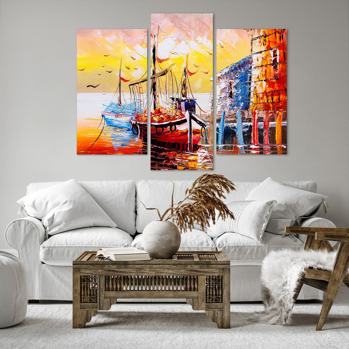 Bild auf Leinwand Landschaft, Bild auf Leinwand Fischereihafen, Bild auf Leinwand Boote, Bild auf Leinwand Die Vögel, Bild auf Leinwand Kunst