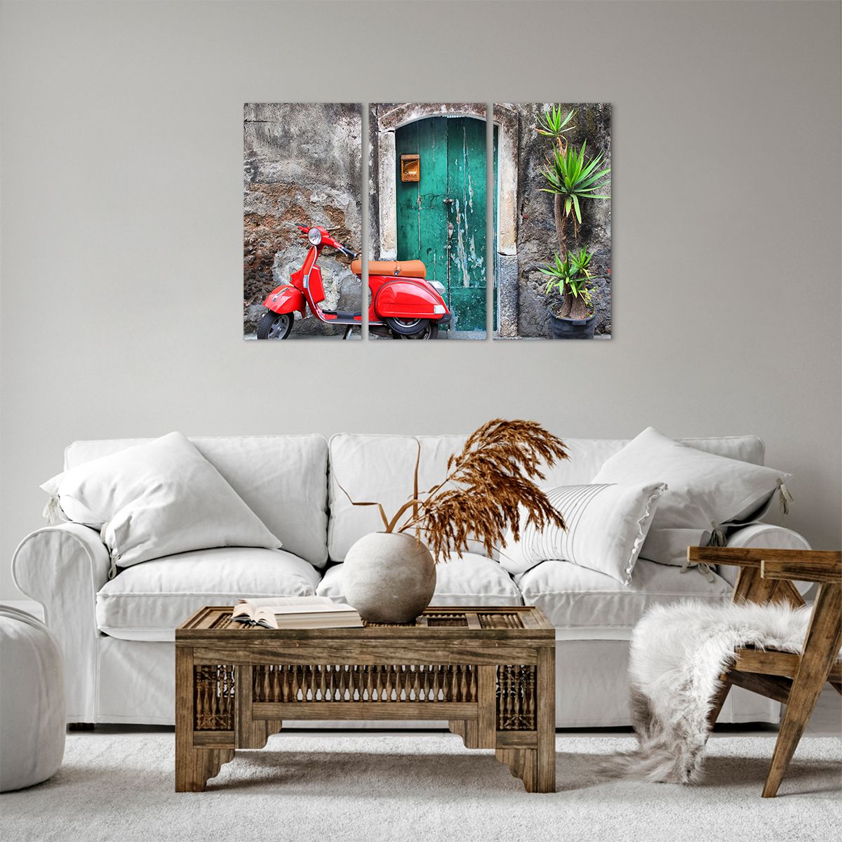 Bild auf Leinwand Automobil, Bild auf Leinwand Roller, Bild auf Leinwand Italien, Bild auf Leinwand Rotes Motorrad, Bild auf Leinwand Geheimnisvolle Tür