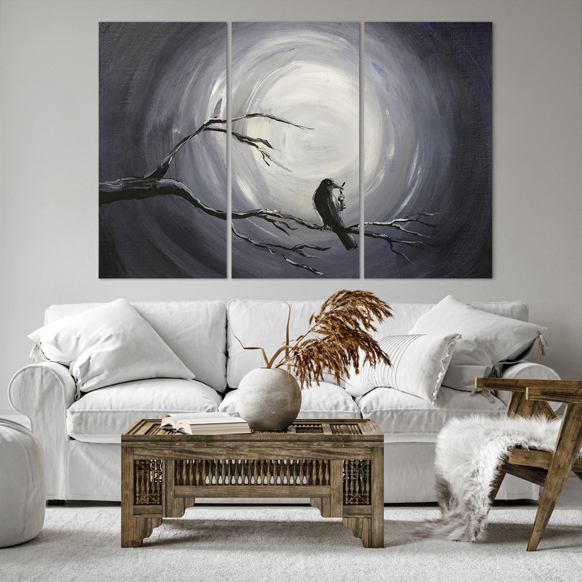 Cuadro sobre lienzo Abstracción, Cuadro sobre lienzo Cuervo, Cuadro sobre lienzo Pájaro, Cuadro sobre lienzo Luna, Cuadro sobre lienzo En Blanco Y Negro