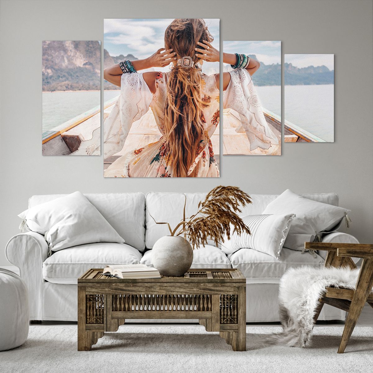 Bild auf Leinwand Landschaft, Bild auf Leinwand Frau Auf Dem Boot, Bild auf Leinwand Boho, Bild auf Leinwand Modell, Bild auf Leinwand Schmuck