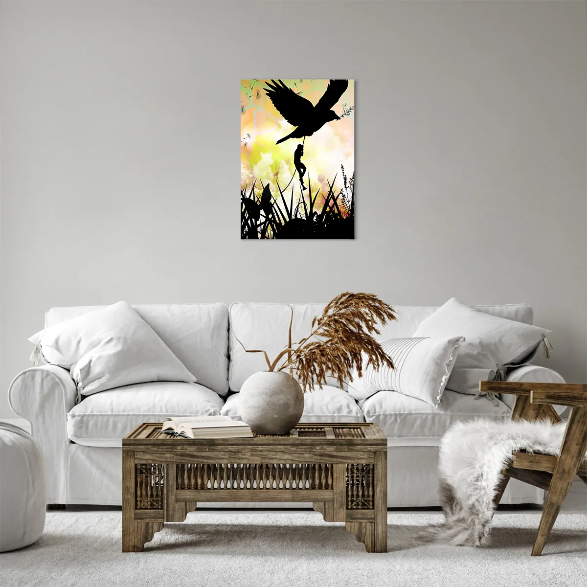 Cuadro sobre lienzo - Impresión de Imagen - Silueta de naturaleza con un pájaro y un diente de león. - 50x70cm - En un ambiente de cuento de hadas - Decoración de pared moderna para salón y dormitorio ARTTOR