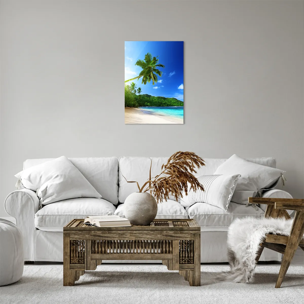 Cuadro sobre lienzo - Impresión de Imagen - Playa tropical con palmeras y mar turquesa. - 50x70cm - Un suave toque tropical - Decoración de pared moderna para salón y dormitorio ARTTOR