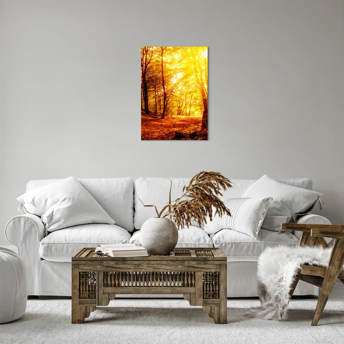 Impression sur toile - Image sur toile - Clairière d'automne sous le soleil doré avec un sentier forestier - 50x70cm - Vers la clairière dorée - Décoration murale moderne pour le salon et la chambre ARTTOR