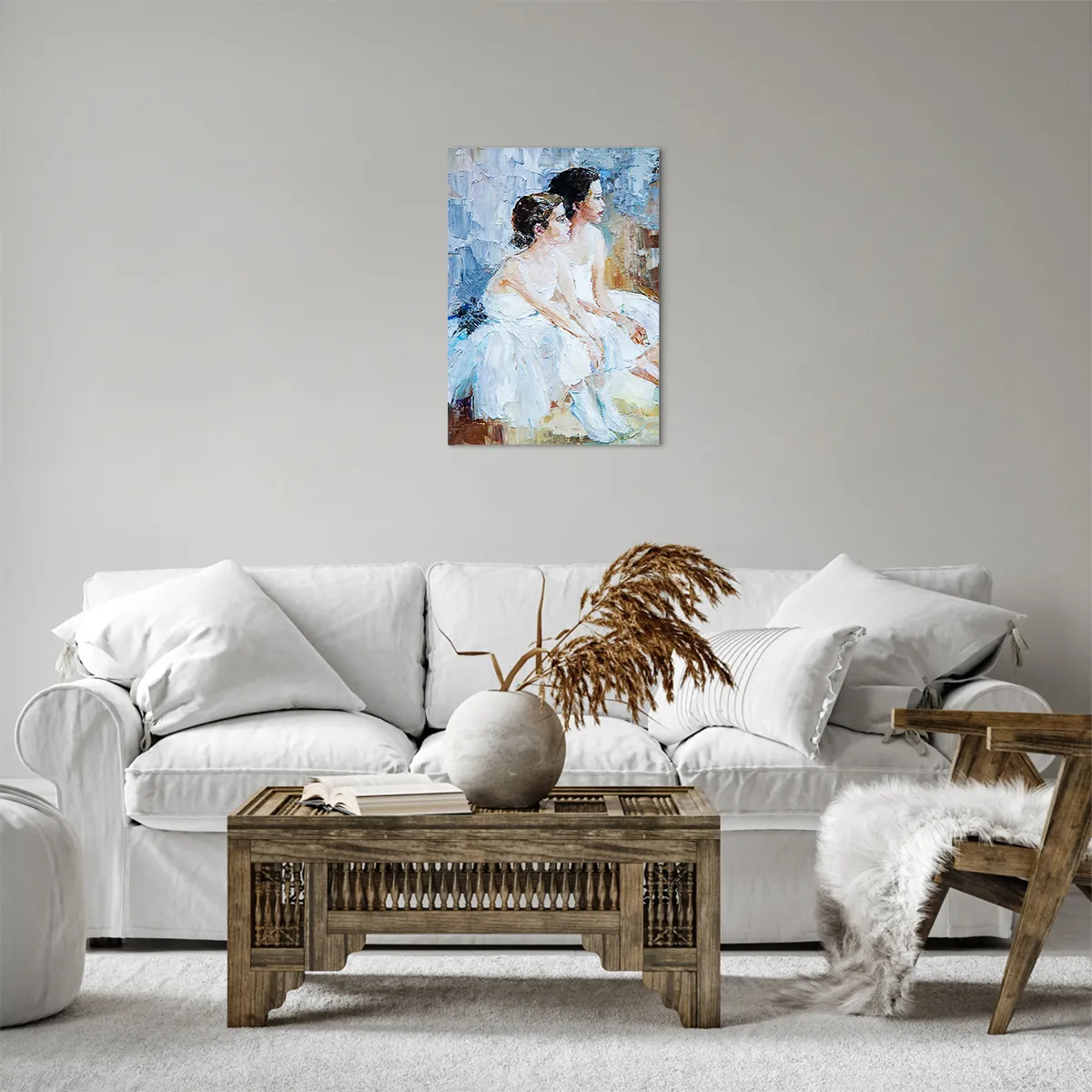 Obraz na płótnie - Dwie baletnice w białych sukniach siedzące obok siebie - 50x70cm - Odpoczynek młodych łabędzi - Nowoczesna dekoracja ścienna do salonu, kuchni i sypialni ARTTOR