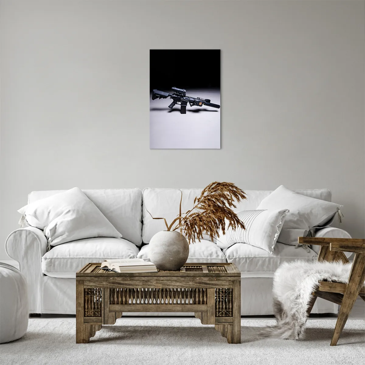 Cuadro sobre lienzo - Impresión de Imagen - Un rifle moderno en negro sobre un fondo oscuro. - 50x70cm - Un caballero oscuro - Decoración de pared moderna para salón y dormitorio ARTTOR