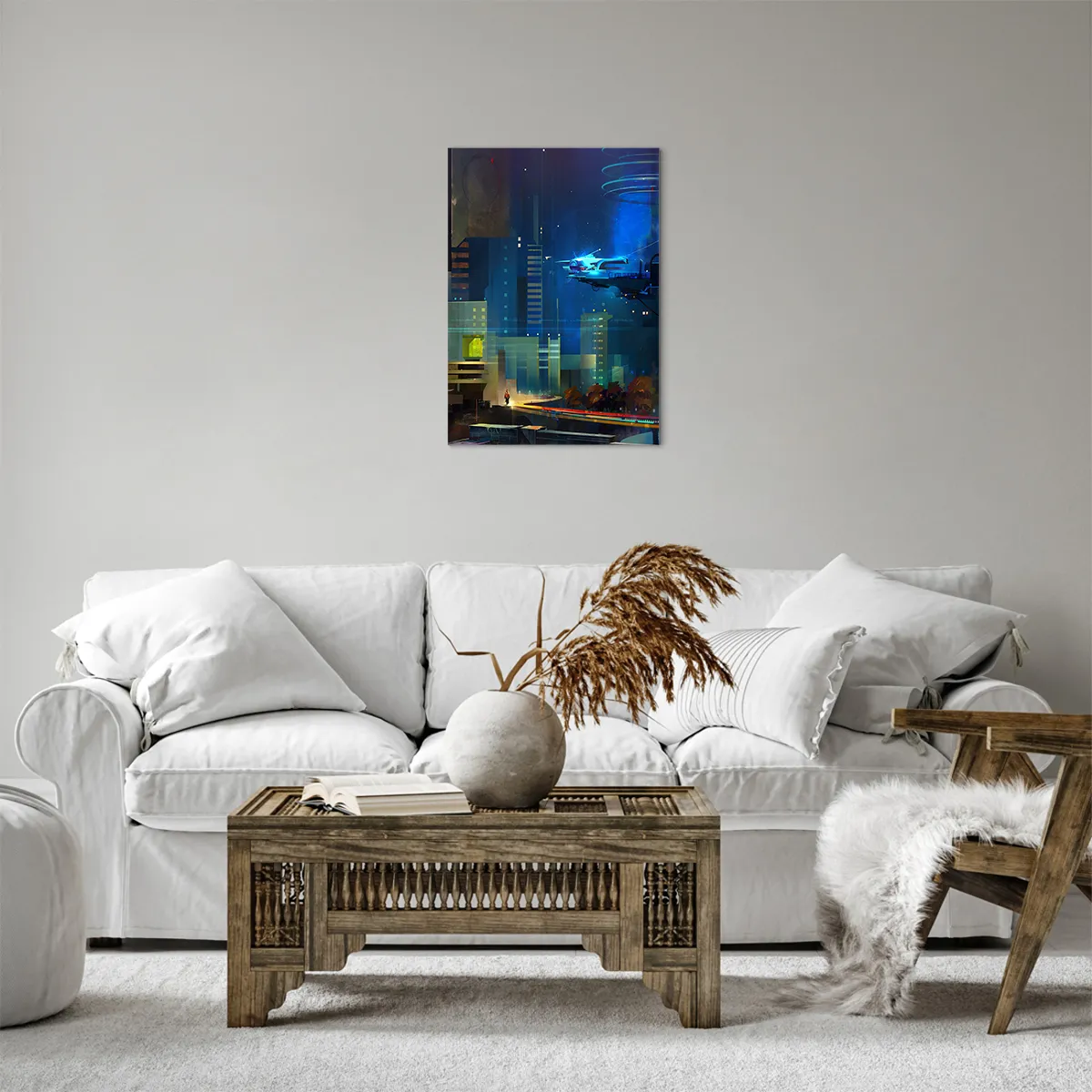 Bild auf Leinwand - Leinwandbild - Futuristische Stadt bei Nacht mit Neonlichtern und einem fliegenden Fahrzeug - 50x70cm - In naher Zukunft - Moderne Wanddekoration für Wohnzimmer und Schlafzimmer ARTTOR