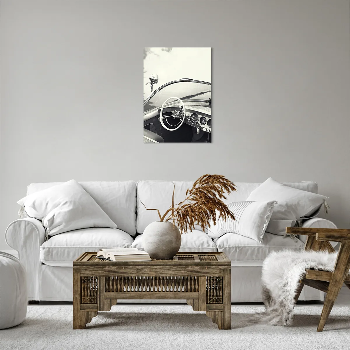 Bild auf Leinwand - Leinwandbild - Oldtimer-Innenraum im monochromen Stil - 50x70cm - Wetter für die Reichen - Moderne Wanddekoration für Wohnzimmer und Schlafzimmer ARTTOR