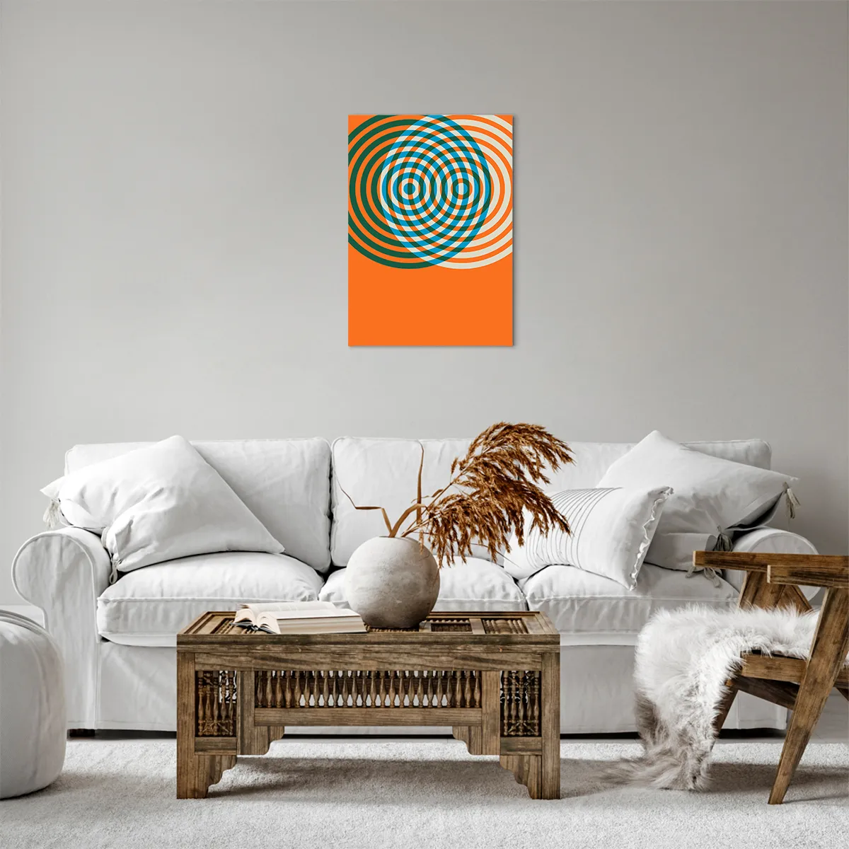 Cuadro sobre lienzo - Impresión de Imagen - Círculos concéntricos sobre un fondo naranja - 50x70cm - Círculos y abstracción - Decoración de pared moderna para salón y dormitorio ARTTOR