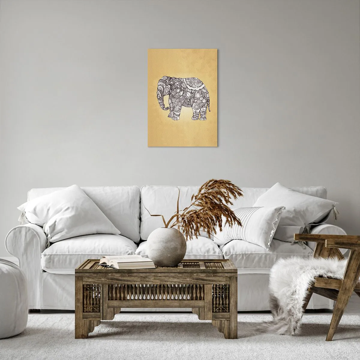 Cuadro sobre lienzo - Impresión de Imagen - Elefante dibujado a mano con un patrón ornamentado sobre un fondo beige. - 50x70cm - El elefante decorado - Decoración de pared moderna para salón y dormitorio ARTTOR