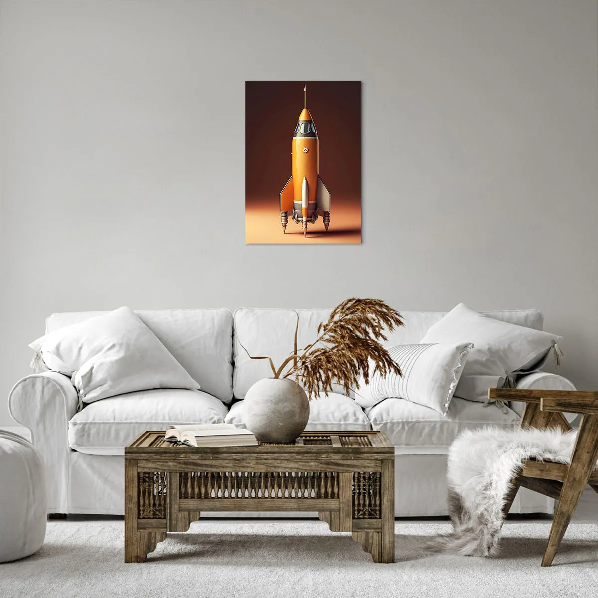 Cuadro sobre lienzo - Impresión de Imagen - Un cohete de estilo retro sobre un fondo de tonos marrones. - 50x70cm - Comienza con un sueño - Decoración de pared moderna para salón y dormitorio ARTTOR