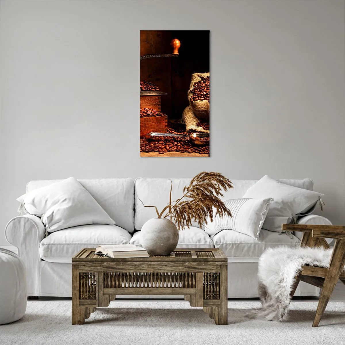 Quadro em tela - Natureza morta com grãos de café e moedor - 55x100 cm