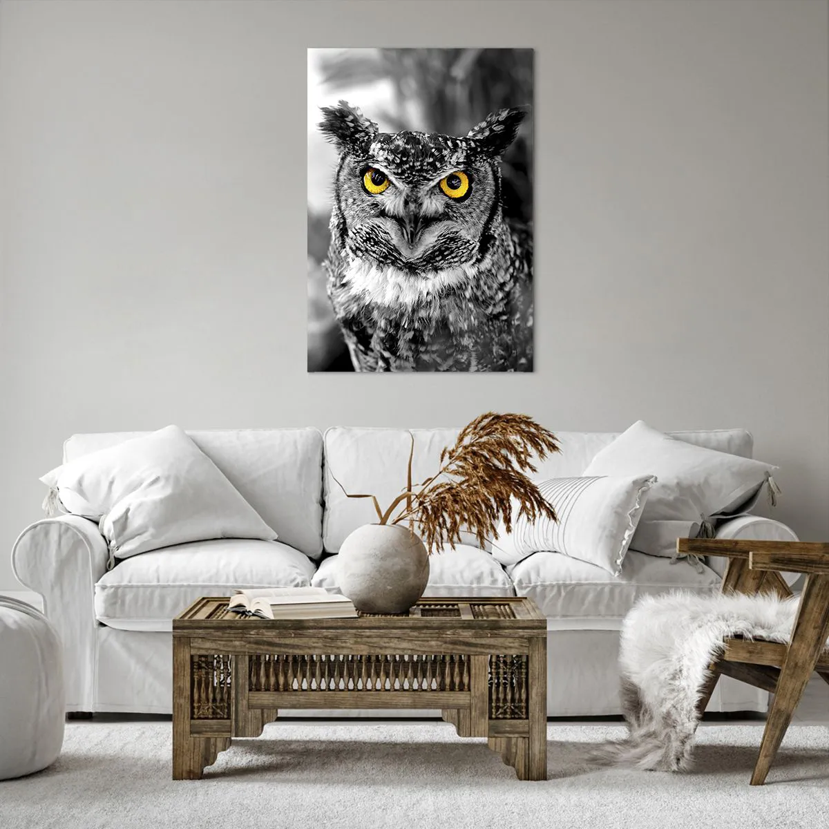 Quadro su tela - Stampe su Tela - Uno scatto in bianco e nero di un gufo con gli occhi gialli - 70x100cm - Non si può nascondere niente - Decorazione murale moderna per soggiorno e camera da letto ARTTOR