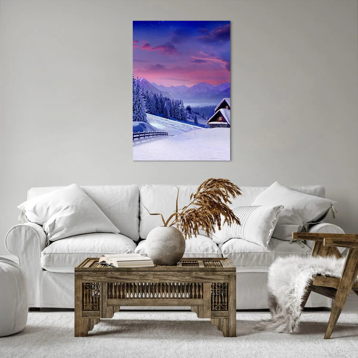 Impression sur toile - Image sur toile - Paysage d'hiver avec chalets de montagne au coucher du soleil - 70x100cm - Douce nuit - Décoration murale moderne pour le salon et la chambre ARTTOR