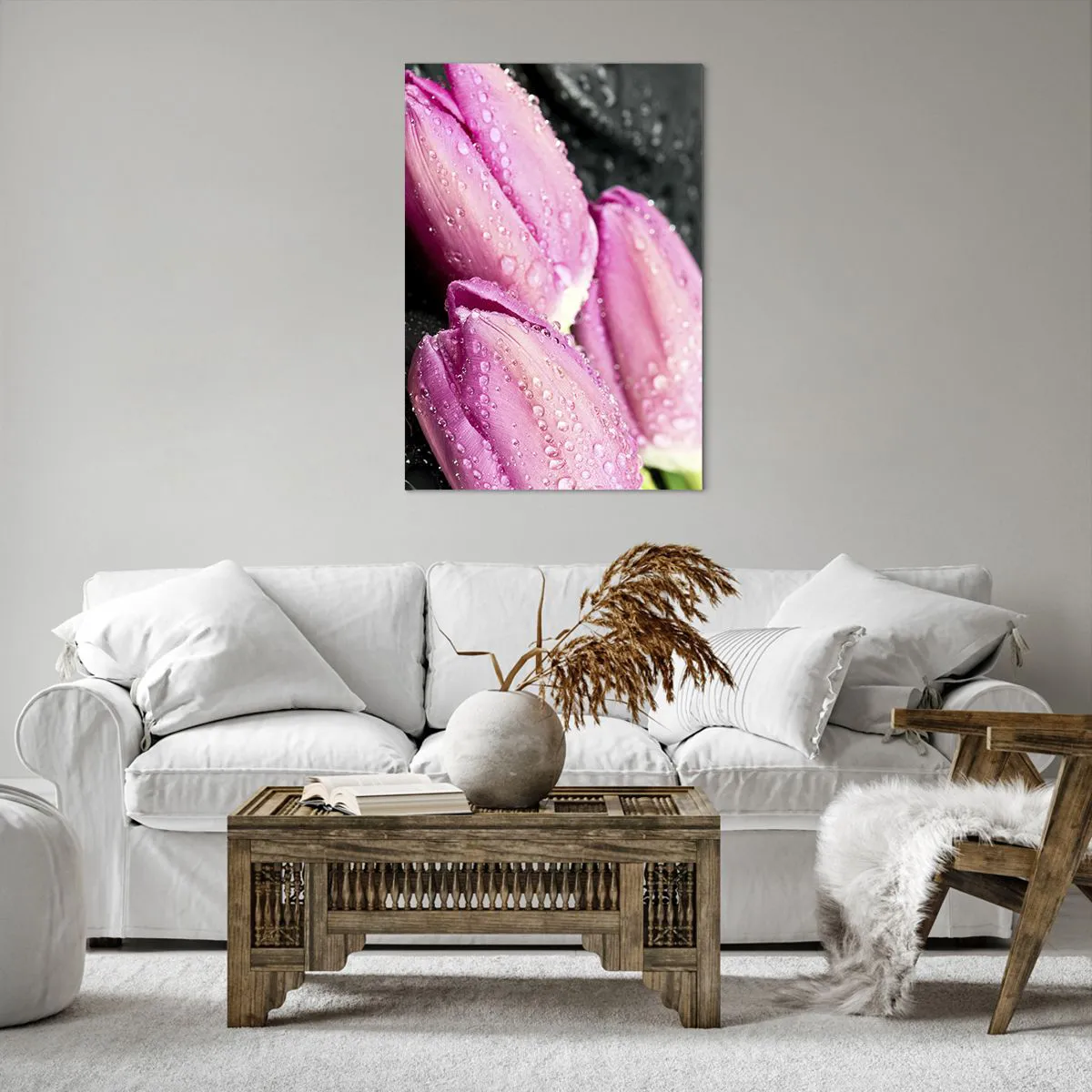 Bild auf Leinwand - Leinwandbild - Drei rosa Tulpen mit Wassertropfen auf schwarzem Hintergrund - 70x100cm - Liladrei auf schwarzem Stein - Moderne Wanddekoration für Wohnzimmer und Schlafzimmer ARTTOR