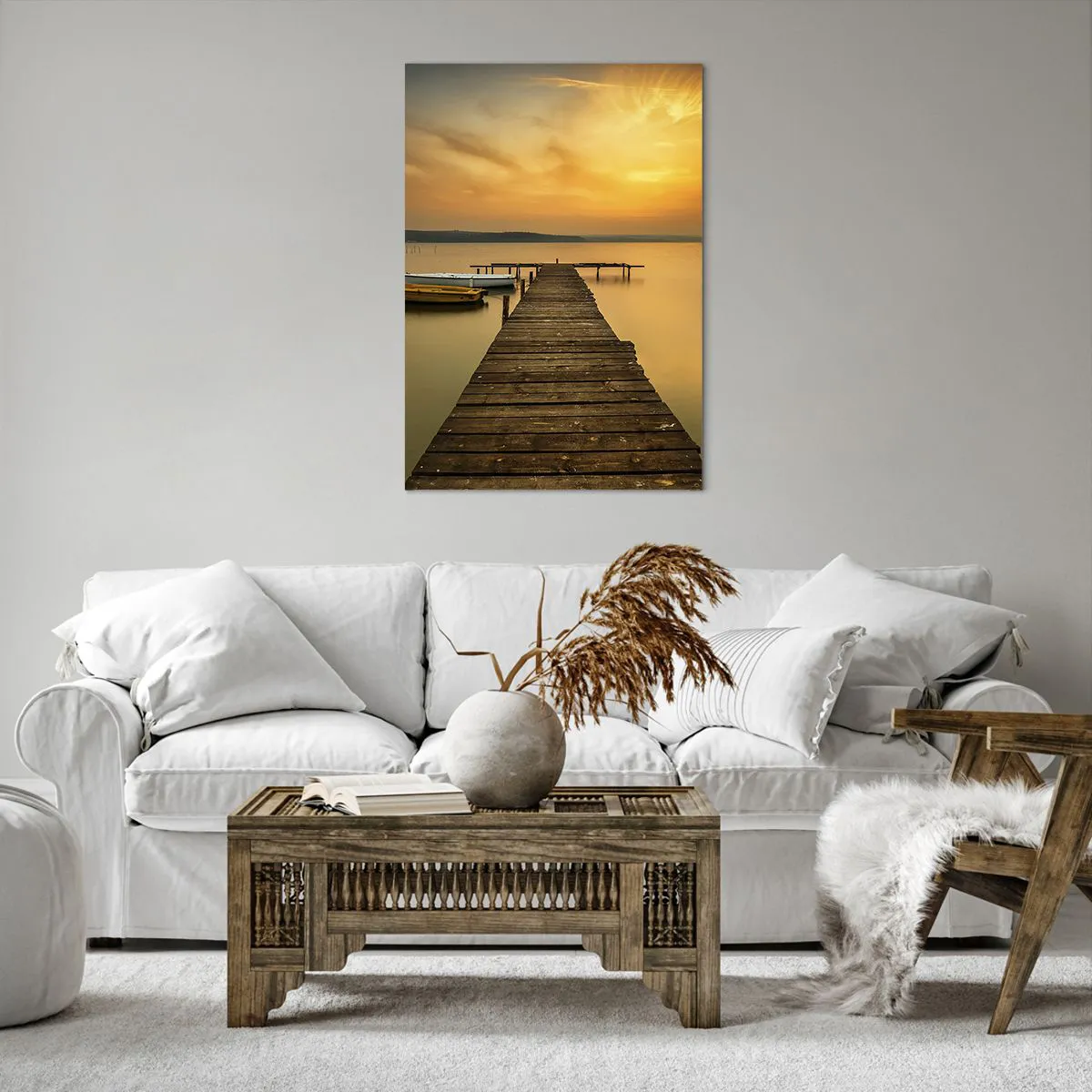 Impression sur toile - Image sur toile - Jetée en bois et bateaux sur le lac au coucher du soleil - 70x100cm - Je t'ouvrirai le ciel d'or - Décoration murale moderne pour le salon et la chambre ARTTOR