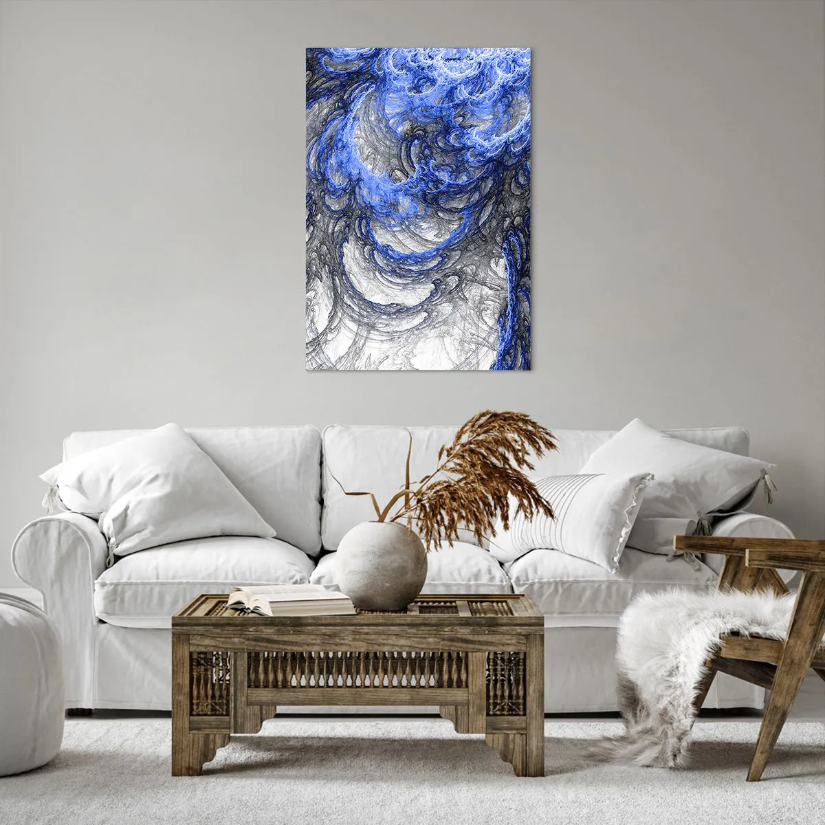 Obraz na płótnie - Abstrakcyjne fale w odcieniach niebieskiego i szarego - 70x100cm - Narodziny fali - Nowoczesna dekoracja ścienna do salonu i sypialni ARTTOR